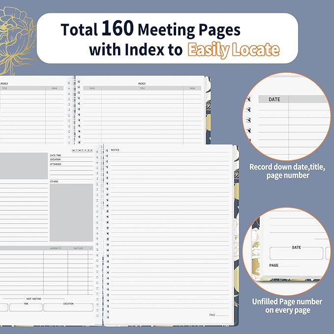 SUNEE Half Meeting Half Note - 8.5"x11" Professional Notebooks for Work - 160 Pages, A4 Size Project Planner, Spiral Meeting Agenda/Minutes Organizer for Women Men, Note Taking, Office & Business