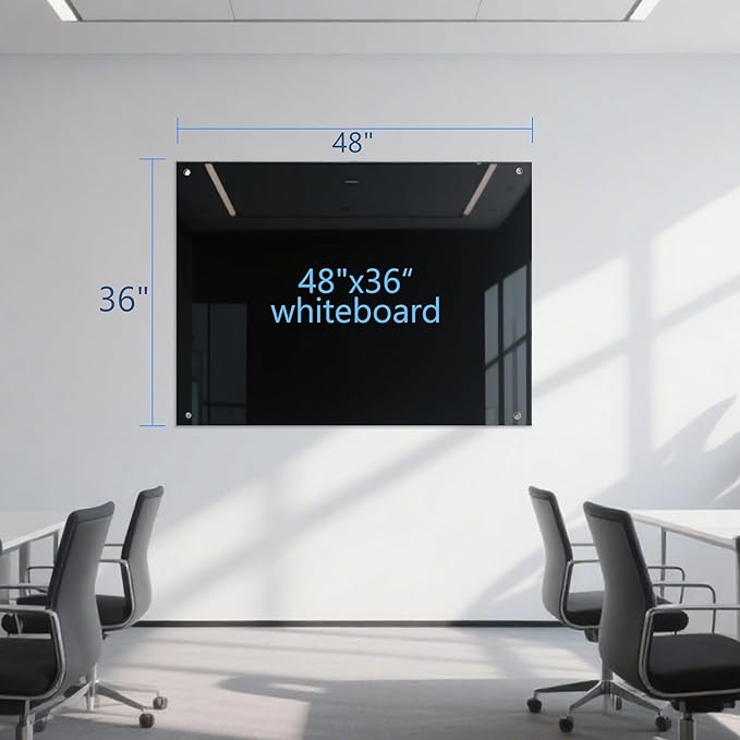 Glass Dry Erase Black Board - Magnetic Blackboard 48"X36" Frameless Whiteboard Clear Glass Boards with Super Strong Magnets, Wall Mounted for Office, Classroom and Home