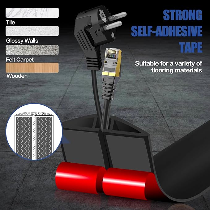 Floor Cord Cover Cavity 0.8"x0.37" Self Adhesive Cord Hider, 10FT Low Profile Cable Management, Extension Strip Protector for Wires, Prevent Cable Trips for Offices, Gyms, Exhibitions（Black）