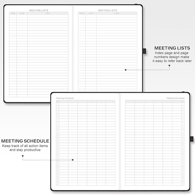 EMSHOI Meeting Notebook for Work with Action Items - 320 Pages B5 Thick Project Planner Agenda Organizer Work Notebook for Women Men Office Business Notes, PU Leather Hardcover, 7.5" x 10", Black