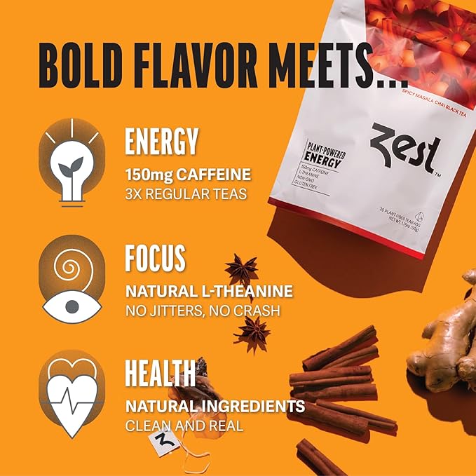 Zest 150mg High Caffeine Energy Leaf Blend - Spicy Masala Chai Black Tea - 20 Pack Bag - All Natural Strong Flavored Healthy Coffee Alternative Highly Caffeinated Substitute - Perfect for Keto Diet