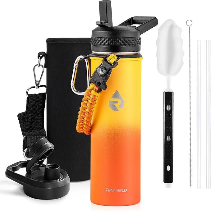 Insulated Water Bottle 20 oz, Triple Wall Vacuum Stainless Steel (Cold for 48 Hrs), Leak Proof & Non-BPA, Kids Water Bottle Jug for School with Straw Spout Lids, Ombre Orange