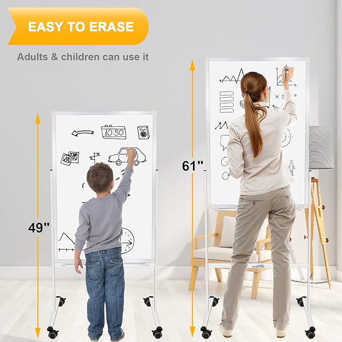 H-Qprobd 24"x36" Dry Erase Board with Stand - Adjustable Height Double Side Mobile Magnetic Rolling Whiteboard on Wheels for Home, Office & School