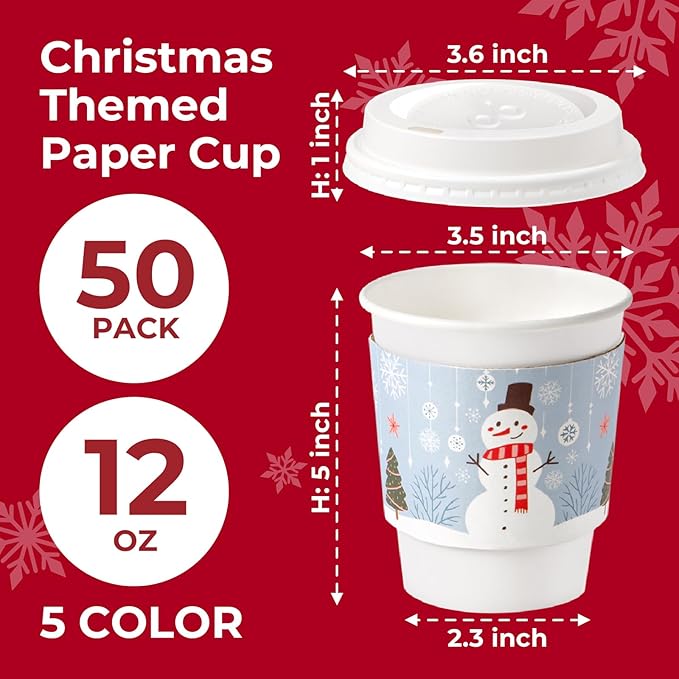 Fit Meal Prep 50 Pack 12 oz Christmas Disposable Coffee Cups with Lids, Sleeves, Leak-Proof To Go Coffee Cups with Lids, Durable Holiday Hot Paper Cups for Home, Office, Party, Business