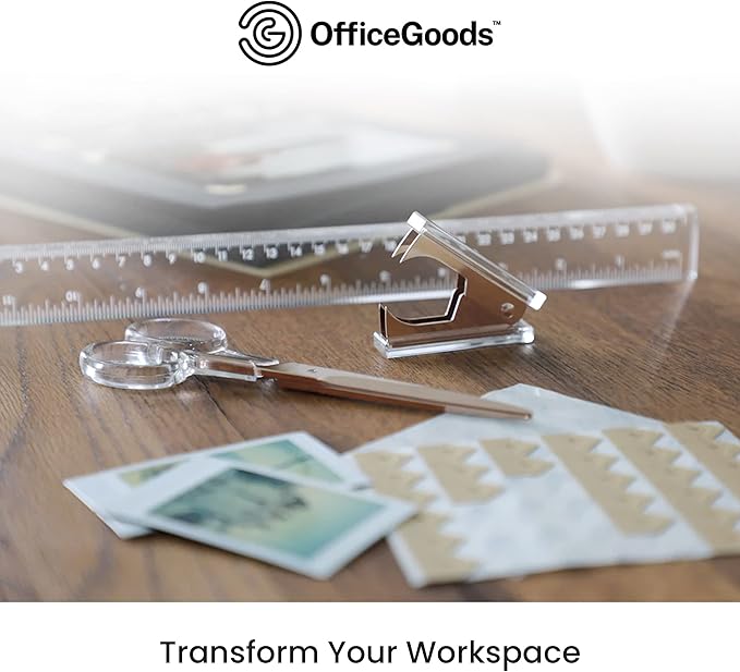 OfficeGoods 3 Piece Acrylic Desk Set - Includes Ruler, Staple Remover, Scissors - Functional & Elegant Desk Accessories - Stationery Tools for Home, Office, and School - Clear with Rose Gold Metal