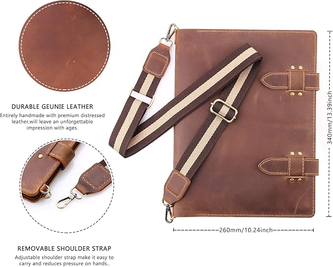Robrasim Handmade Leather Sketchbook Cover, Artist Sketch Pad Holder for 9"X12" Top Spiral Bound Sketchbook, Drawing Book Pencil Case, Journal Portfolio with Shoulder Strap, Artist Gifts,Brown