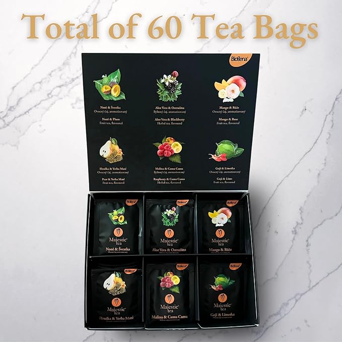 Biogena Majestic Tea Assortment Gift Box Flavored Fruit, Herbal Tea Sampler Box - (6x10 Tea Bags Variety Pack)