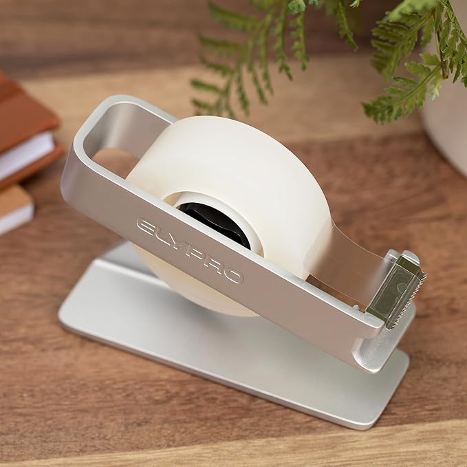 ELYPRO Modern Tape Dispenser for Office Desk - Elegant and Minimalist Design, Heavy Metal Made, Space-Saving, Perfect for Office & Home Use or as a Stylish Gift - Bonus Tape Roll Included (Silver)