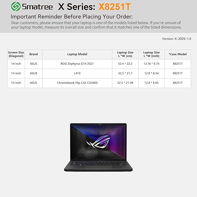 Smatree Hard EVA Protective Sleeve Case Compatible for 14 inch ASUS 2021 ROG Zephyrus G14 GA401QM-XS98Q-WH, Chromebook Flip CX3 CX3400, ASUS L410 Waterproof and Anti-Shock Bag (X8251T)