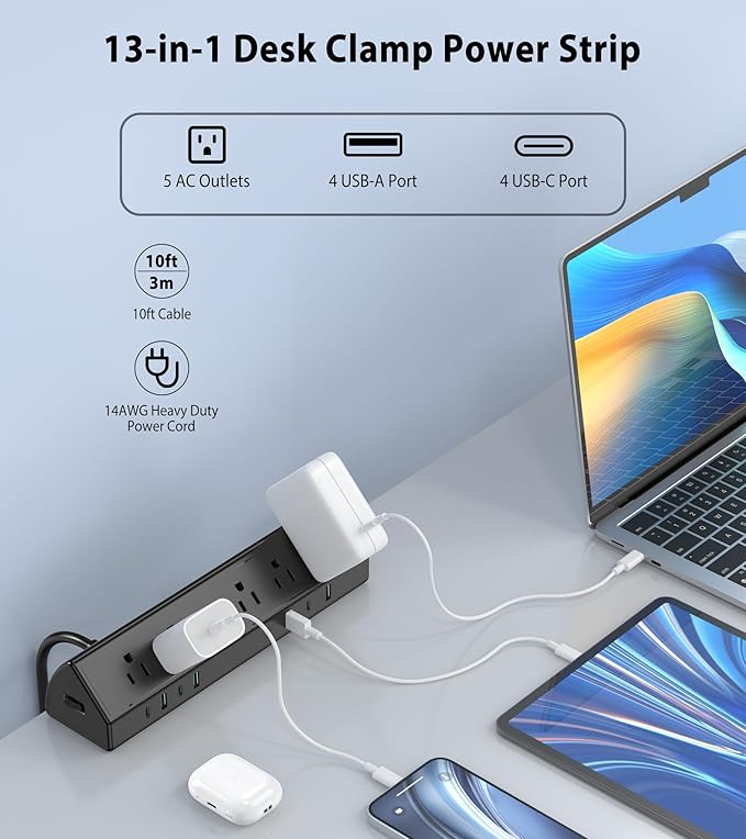 45W Fast Charging Station,Desk Clamp Power Strip,4 PD USB-C Ports,5 AC Outlets,Surge Protector Power Strip, 14AWG Heavy Duty Cord, Fits 1.9" Tabletop Edge (Black, 10 FT Cable)