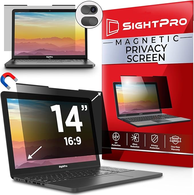 SightPro Magnetic Laptop Privacy Screen 14 Inch 16:9 - Removable Computer Privacy Filter Shield and Protector