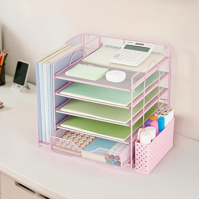 OUTIOE Desk Organizer with Drawer and Pen Holder, 5-Tier Paper Letter Tray Organizer with File Holder, Suitable for Workspace Organizer Office Supplies Storage (Pink)