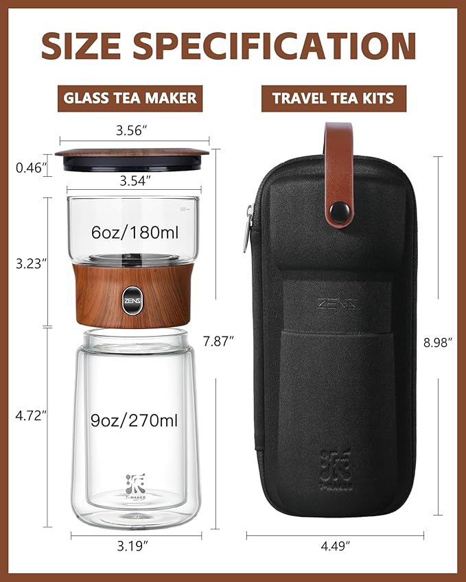 ZENS Modern Glass Infuser Teapot, One Touch Tea Maker for Loose Leaf Tea with Insulated Mug and Portable Case. Enchanted Pot Alternatives for Tea Lover Gifts