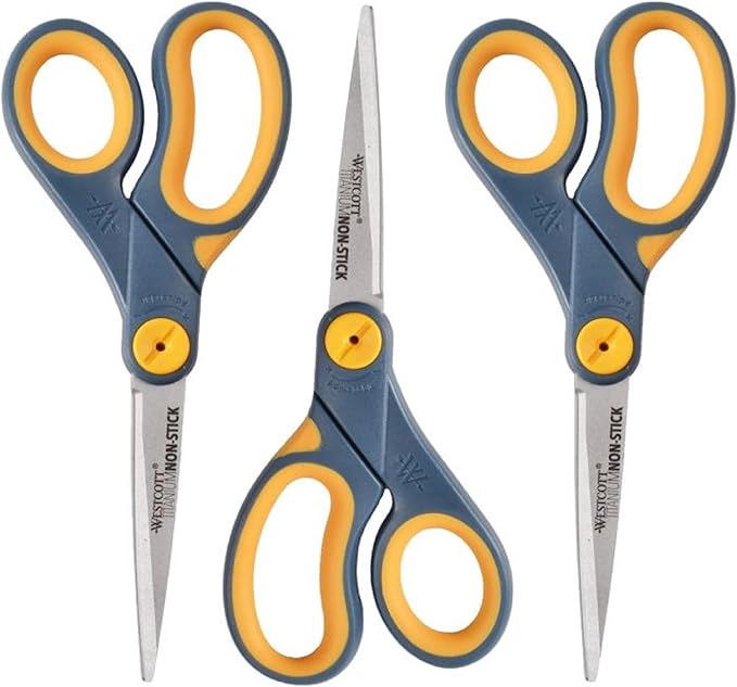 Westcott 8-Inch Titanium-Bonded Non-Stick Straight Scissors with Adjustable Glide Feature for Office and Home - Gray/Yellow, 3 Pack