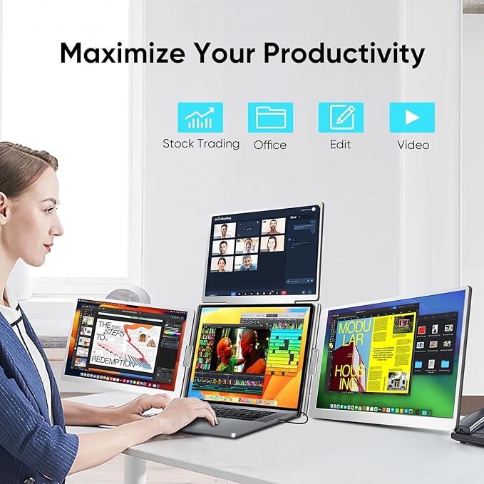 YUTOO 4 Screen Laptop Monitor Extender | for M1 M2 M3 | 1200P FHD IPS 4 Screen Monitor for Laptops 12~18 inch | Quad Screen Extender Display for MacBook/Windows/Switch/PS5 | One Cable | Driver Need