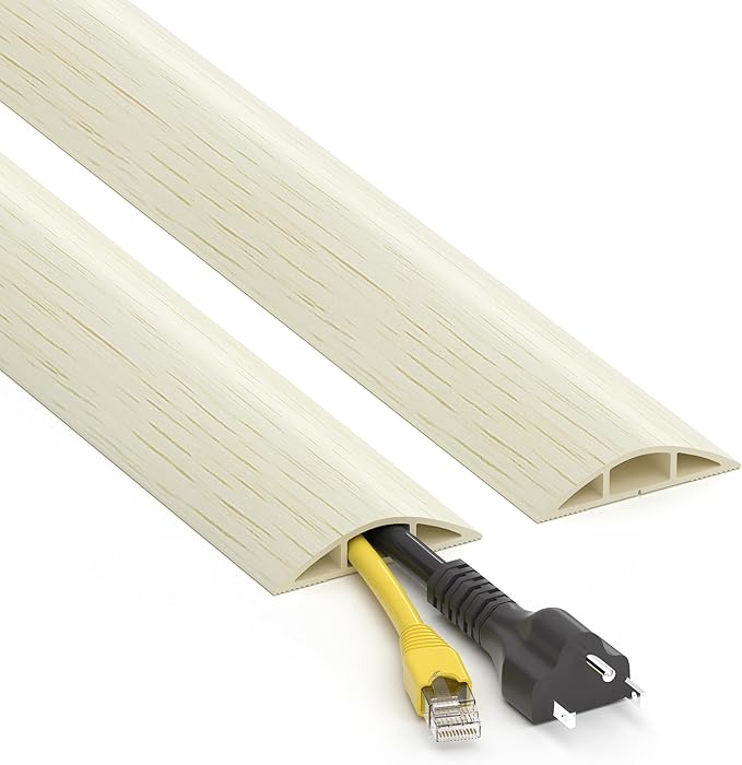 Floor Cord Cover 4ft, White Oak Wood Cord Hider Floor Hide Extension Cords, PVC Cable Management Cover, Cable Protector Wire Cavity W0.6in x H0.32in