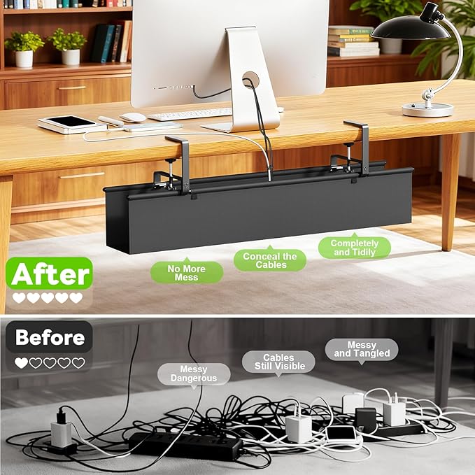 Dayacoo No Drill Under Desk Cable Management Tray, 36" Clamp/Screw Mount Cord Organizer for Desk, Fabric Cable Management Tray for Storage and Hide Cords, Cable Organizer for Office Home, Black