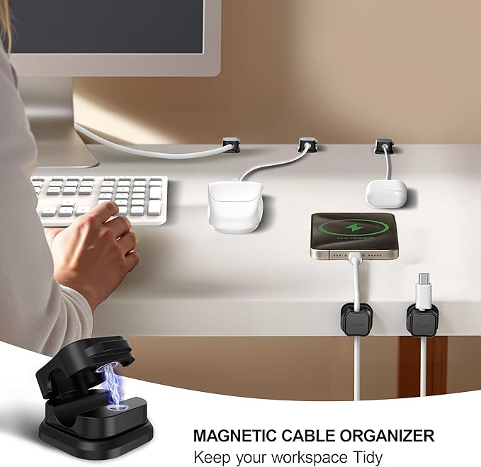 12 Pack Magnetic Cable Clip Organizer Cord Holder, Picozon Adhesive Cable Management, Wire Phone USB Charger Cable Holder, Keeper Organizer for Office Home Desktop Table - Black