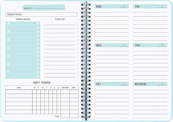 Undated Weekly Planner- Weekly Goals Notebook, A5 To Do List Planner, Habit Tracker Journal with Spiral Binding, 5.7 x 8.0 inches