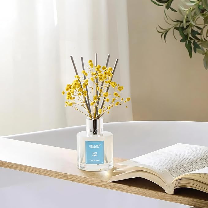 Airkeep Reed Diffuser Set,3.38 fl oz (100 ml) - Lime Basil Oil Diffusers with 8 Reed Sticks, Home Fragrance Reed Diffuser for Bathroom Shelf Decor