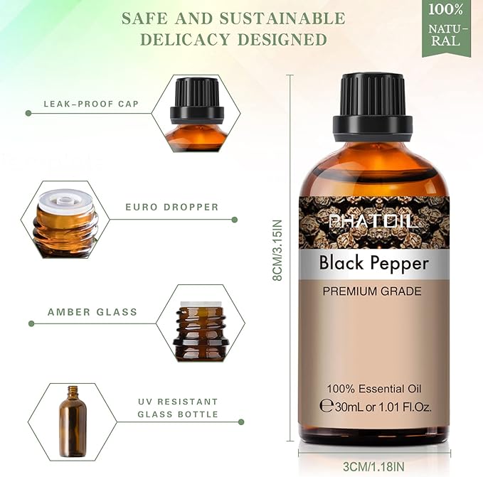 Black Pepper Essential Oil, 1.01Fl.Oz (30ML) PHATOIL Pure Essential Oil Singles for Aromatherapy Diffusers, Humidifiers, Great for DIY Candle and Soap Making, Gift for Friend