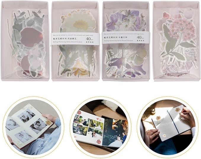 SEWCHICS 4Pcs DIY Scrapbooking Stickers Set Floral Stationery Stickers for Journal and Diary Decorations, Creative Album Decors for Crafting and Handmade Scrapbook Projects