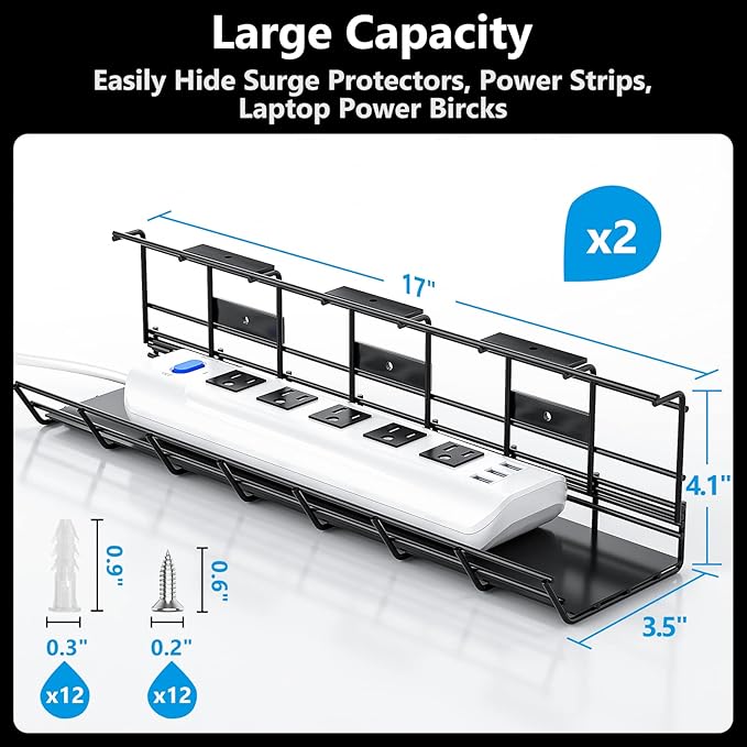 2 Pack DELAMU Under Desk Cable Management Tray, Metal Cord Cable Organizer for Desk, Easy Install Pre-drilled Wire Management Wire Organizer for Office & Home