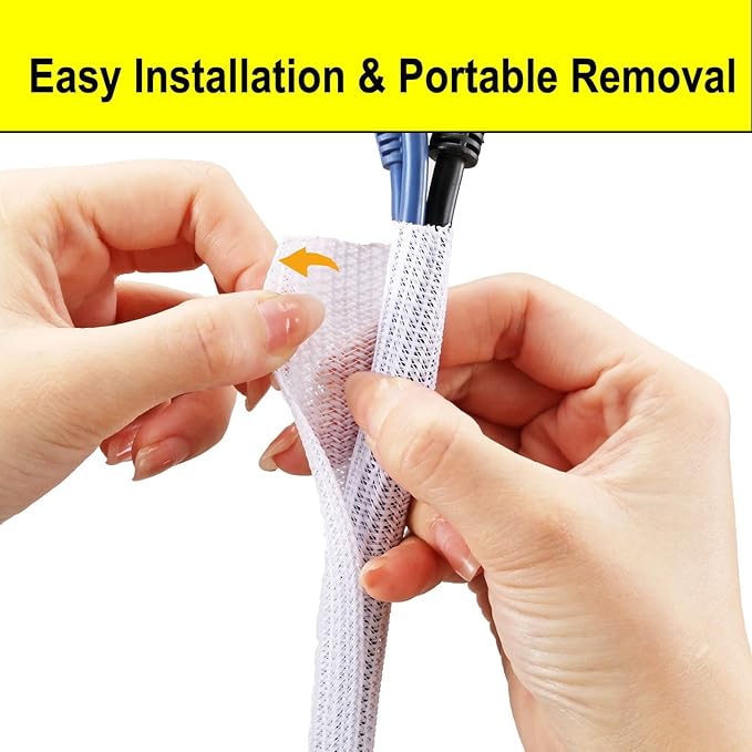 3/4"-50ft Extra-Long Braided Cable Sleeve Protector - Self-Wrapping Pet-Proof Wire Loom for Home Theater, Office, Car Engine, Chew-Resistant Cord Cover, White