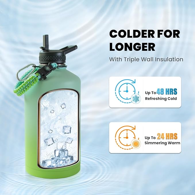 One Gallon Water Bottle Insulated, Triple Walled Vacuum Stainless Steel (Cold for 48 Hrs), Leak Proof & Non-BPA, Large Water Flask Jug with Paracord Handle & Straw Spout Lids