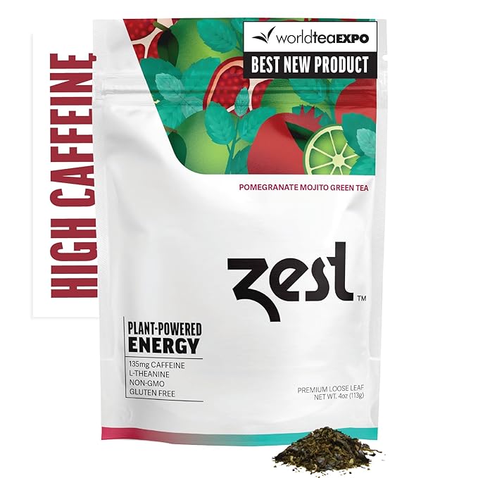 Zest Energy Green Tea - Pomegranate Mojito Loose Leaf Blend - High Caffeine Peppermint - Caffeinated Coffee Substitute - Natural, Non-GMO & Keto Friendly - Hot or Iced - 50 Servings - 135mg Caf