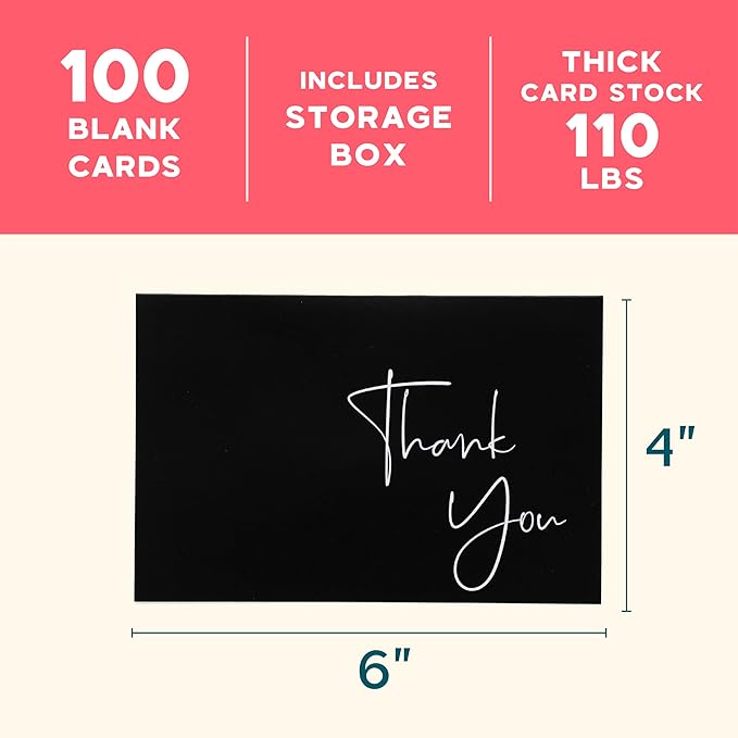 VNS Creations Thank You Cards With Envelopes Bulk Set & Stickers - 100 Pack 4x6 Blank Thank You Notes Bulk Box Set - Large Note Card Small Business, Wedding, Baby Shower & Bridal Shower - Black