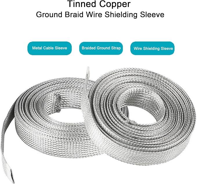 Tinned Copper Braided Cable Shielding Sleeve Metal Wire Loom Sheathing EMI RFI ESD Protector Grounding Mesh Flat Tubular Expandable 1/4" W(0.16" ID)-30FT