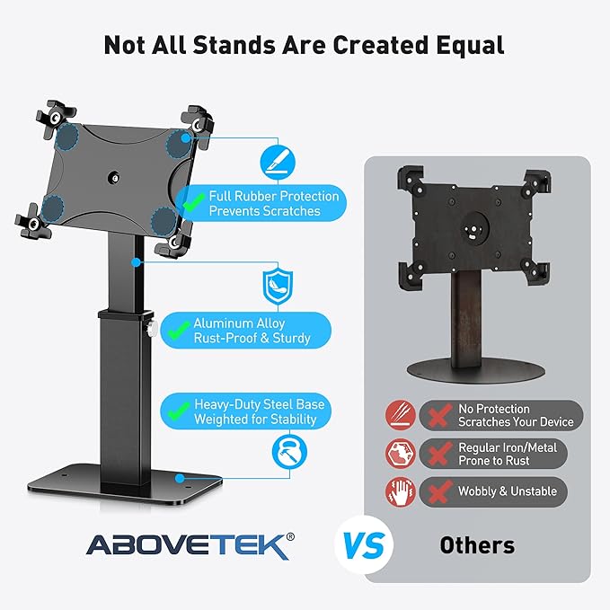 AboveTEK Anti-Theft iPad Kiosk Stand, 360 Rotation & Adj. Height 8.3"–13.4", Heavy-Duty Steel & Aluminum, Fits 9.7"-13" Tablets, Security Retail POS Tablet Stand for Business & Commercial Use