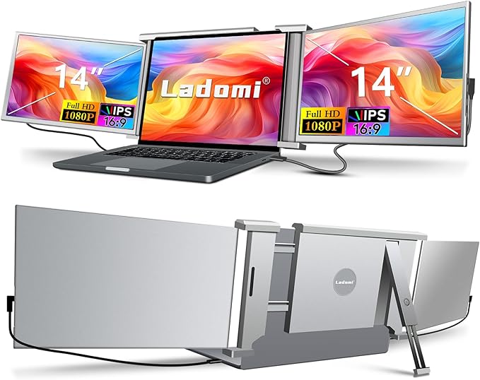 Laptop Screen Extender, 14" FHD 1080P IPS Laptop Monitor Extender, 315° Rotation Triple Portable Monitor for 13.5" -16.5" Laptops, Type-C/HDMI/USB-A Plug & Play for Wins, Mac, Android, Switch