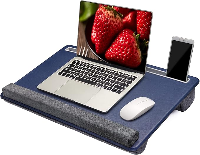 Extra Large Lap Laptop Desk - Full PU Material Mouse Pad Gaming Tray - Portable LapDesk with Phone Holder & Wrist Rest for Notebook, MacBook, Tablet, Bed, Sofa(Blue, Fit Up 17.3-in Laptops)