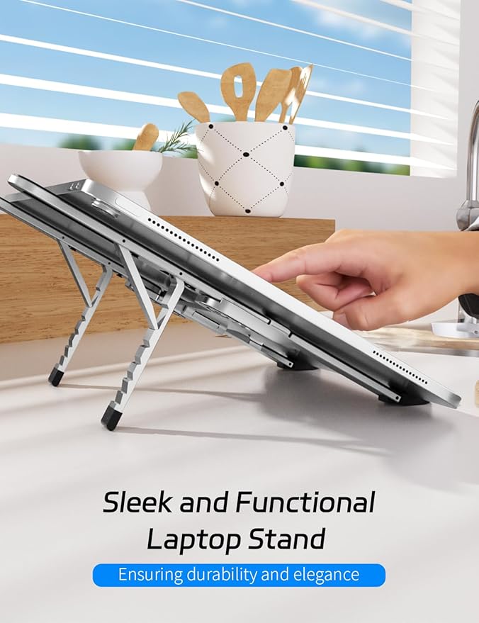 ZenRich Foldable Laptop Stand – Ergonomic Aluminum Riser with 6 Adjustable Heights, Compatible with MacBook, Dell, Asus, HP, Lenovo, Samsung, Razer, MSI (Up to 15.6''), Silver/Black