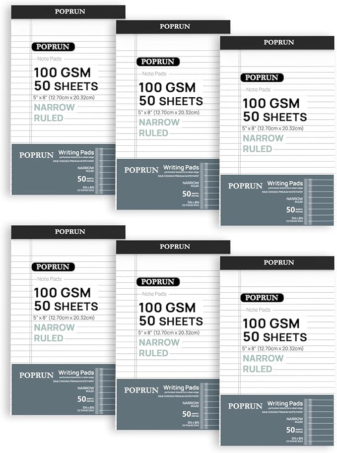 POPRUN Small White Legal Pads 5 x 8 Narrow Ruled, 100GSM Writing Paper Pad, Bulk Lined Notepad Notebooks for Work School, Classroom Office Supplies, 6 Pack