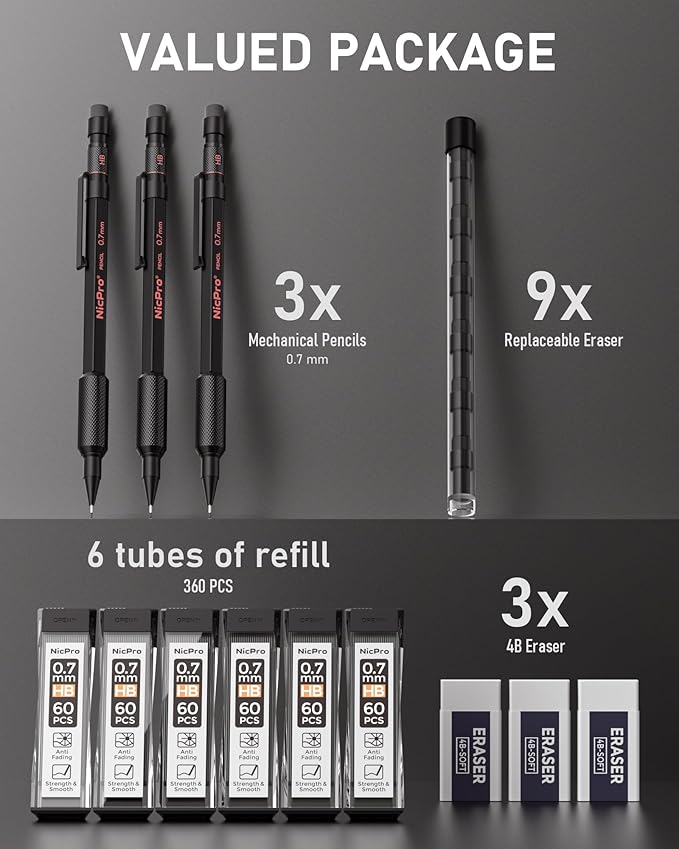 Nicpro 0.7 mm Mechanical Pencil Set with Case, 3PCS MP2000 Metal Artist Mechanical Pencil With 6 Tube HB Lead Refills, Eraser, Weatherproof Barrel for Outdoor Writing Drafting Drawing Sketching