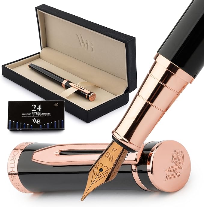 Wordsworth & Black Fountain Pen Set, 18K Gilded Medium Nib, Includes 24 Pack Ink Cartridges, Ink Refill Converter & Gift Box, Gold Finish, Calligraphy, [Black Rose Gold], Perfect for Men & Women