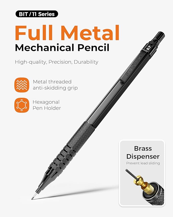 STAGEEK Metal Mechanical Pencil Set in Leather Case, 5PCS Art Drafting Pencil 0.3, 0.5, 0.7, 0.9 & 2mm Lead Holder, 9 Tube (4B 2B HB 2H Colors) Lead Refills for Drawing, Sketching, Writing (Black)