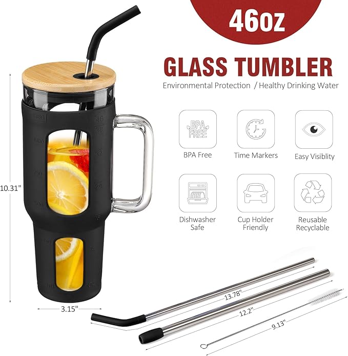 Glass Tumbler with Lid and Straw, 46 oz Iced Coffee Cup with Handle, Large Water Bottles with Silicone Sleeve, Glass Cup with Straws - Pearl Straw & Drinking Straw BPA Free-Black