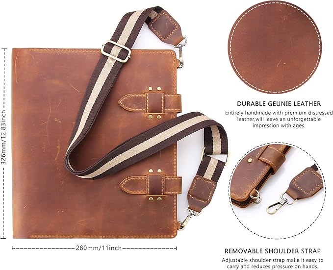 Robrasim Handmade Leather Sketchbook Cover, Artist Sketch Pad Holder for 9"X12" Sketchbook, Drawing Book and Pencil Case, Journal Notebook Portfolio with Shoulder Strap, Artist Gifts, Brown