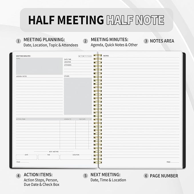 SUNEE Half Meeting Half Note - 8.5"x11" Professional Notebooks for Work - 160 Pages, A4 Size Project Planner, Spiral Meeting Agenda/Minutes Organizer for Women Men, Note Taking, Office & Business