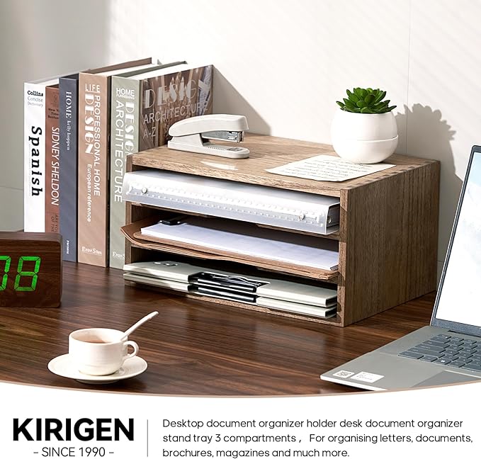 KIRIGEN Wooden Desktop Organizer Paper Storage Letter Tray File Sorter - Desk Rack Magazine File Dividers Holders for Home Office Accessories with 3 Layer Trays Dark Brown (3KWJG-DBR)