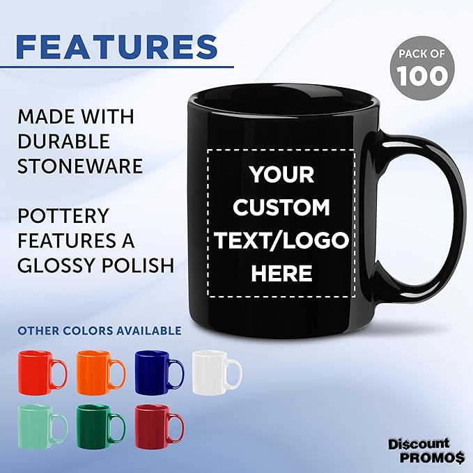 Custom Ceramic Coffee Mugs 11 oz. Set of 100, Personalized Bulk Pack - Coffee cup set, Iced coffee cup, Gaming mug - Black