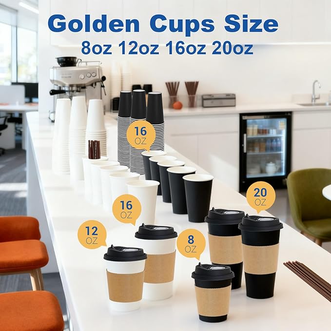Coolcap 16 oz 500 Pack Coffee Cups with Lids and Sleeves, Straws, Hot Disposable To Go Travel Paper Cups Bulk for Office, Home Coffee Bar Accessories, Chocolate, Cocoa, Beverage (Black)
