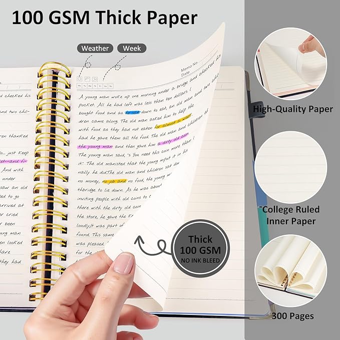 Hardcover Spiral Notebook Journal, 8"x10" Large B5 Notebooks with Removable Dividers Tabs, 300 Pages Leather 5 Subject Notebook College Ruled, Journal for Work School Note, 100 GSM Thick Paper,Black