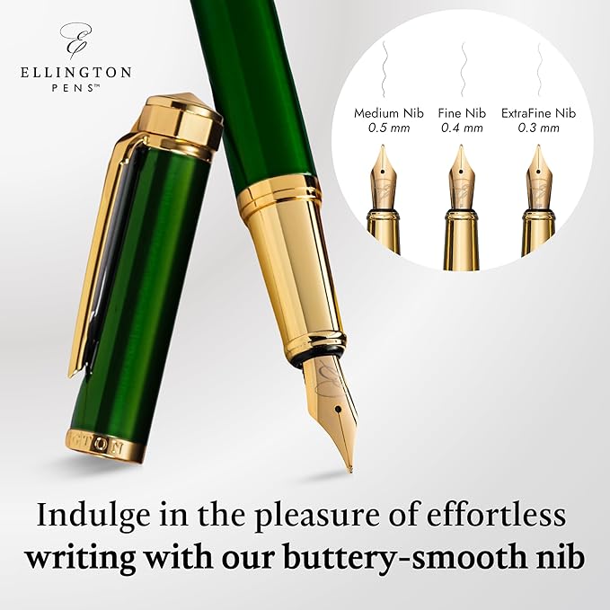 Ellington Pens Luxury Fountain Pen Set - Extra Fine Nib - Includes 3 Ink Cartridges, Refillable Ink Converter, Box - Fountain Pens For Writing, Calligraphy, Journaling, Sketching (Emerald Enigma)