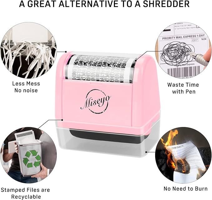 Miseyo Wide Identity Theft Protection Roller Stamp Set - Pink (3 Refill Ink Included)