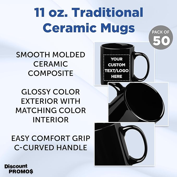 Custom Ceramic Coffee Mugs 11 oz. Set of 50, Personalized Bulk Pack - Coffee cup set, Iced coffee cup, Gaming mug - Black
